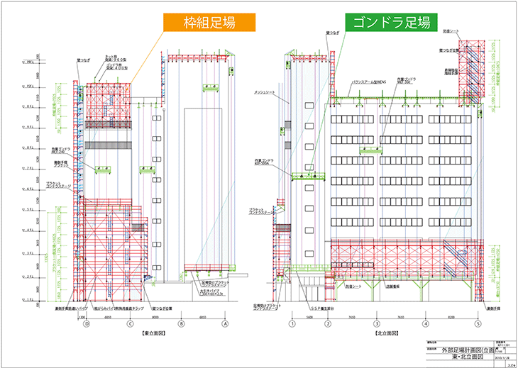 ゴンドラと枠組足場等を併用した仮設例